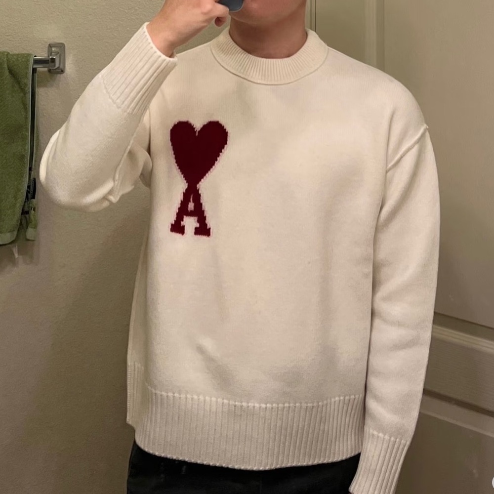 Men's Cream Sweater with Red Heart Design